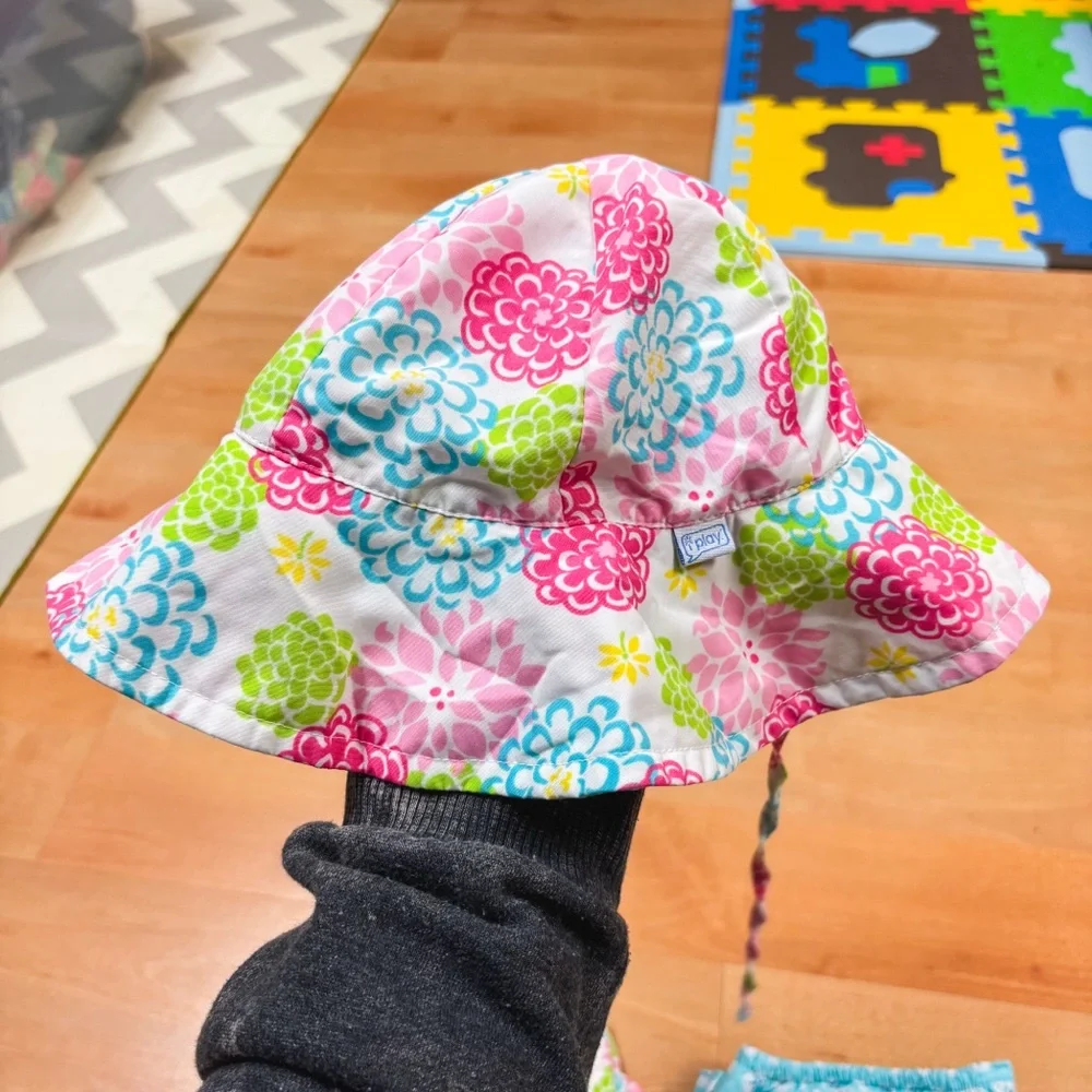 iPlay 3-Piece Floral Reusable Swim Diaper & Sun Hat Bundle Baby Girl 3-6M